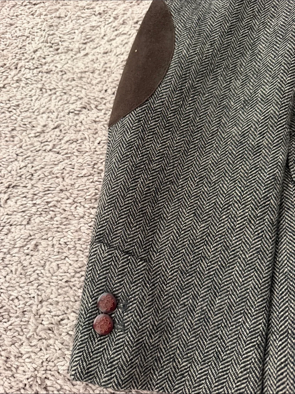 Zara Men's Gray Herringbone Sport Coat with Brown Elbow Patches